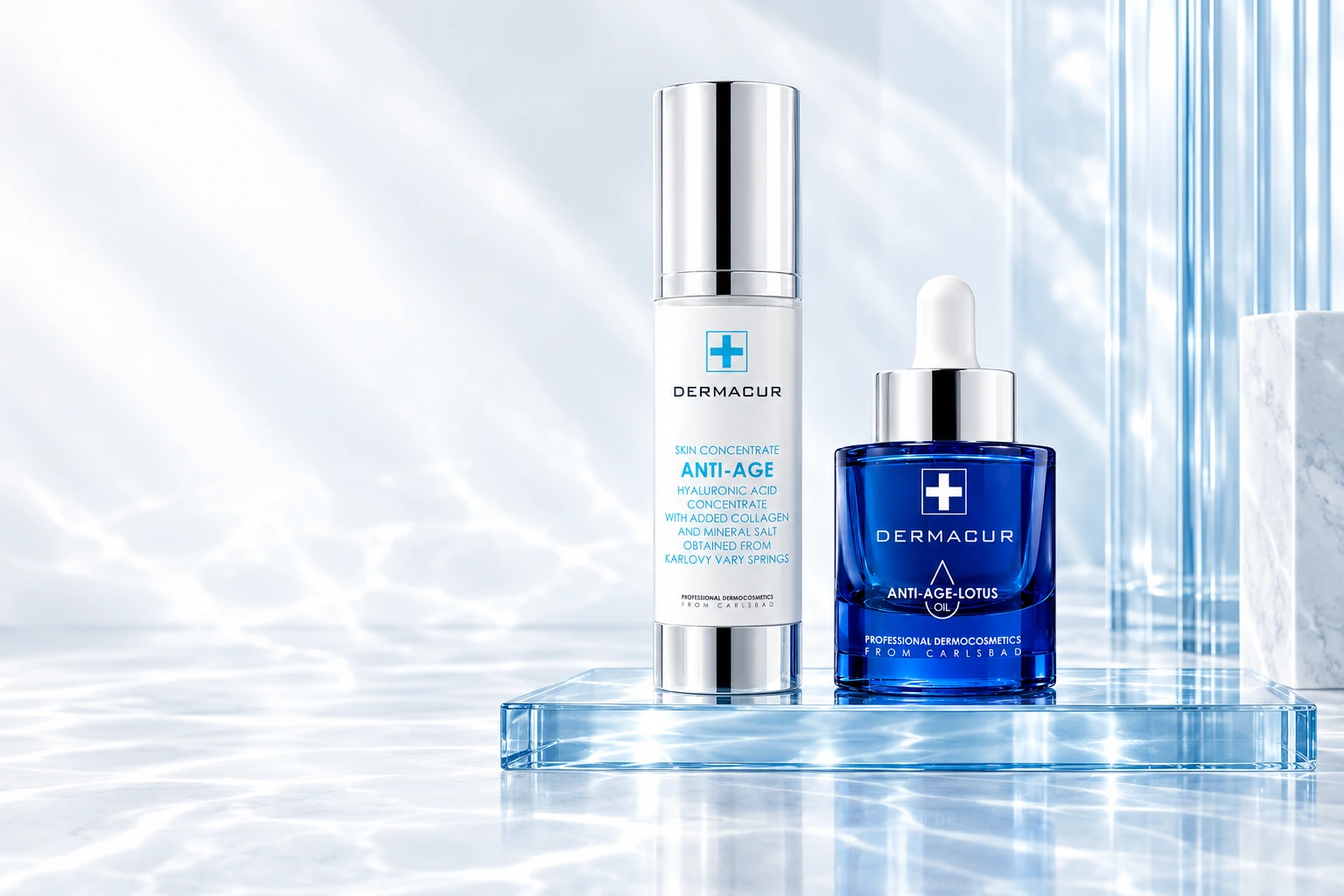 Anti-Age Concentrate a Anti Age Lotus Oil společně na skleněném podstavci